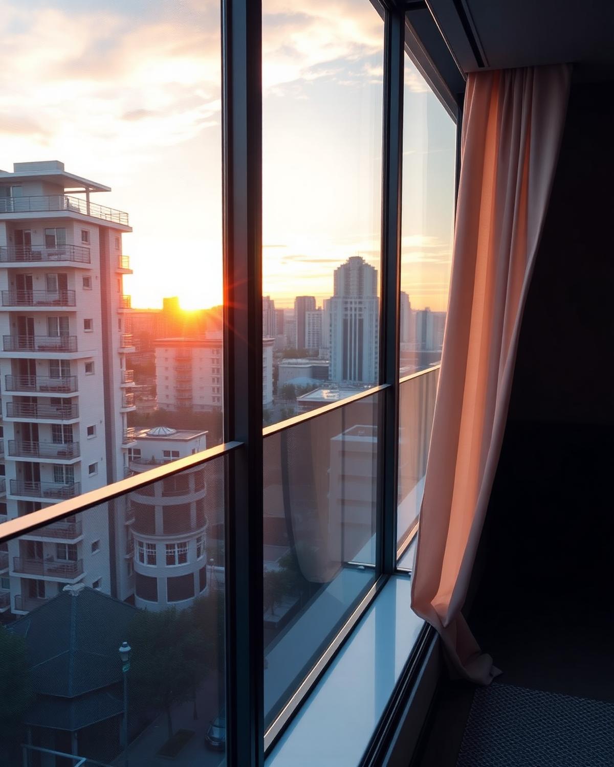 Sacada residencial premium com rede de proteção quase invisível ao pôr do sol